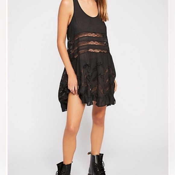 Free People Black Polka Dot‎ Voile and Lace Trapeze Mini Dress - Picture 3 of 6